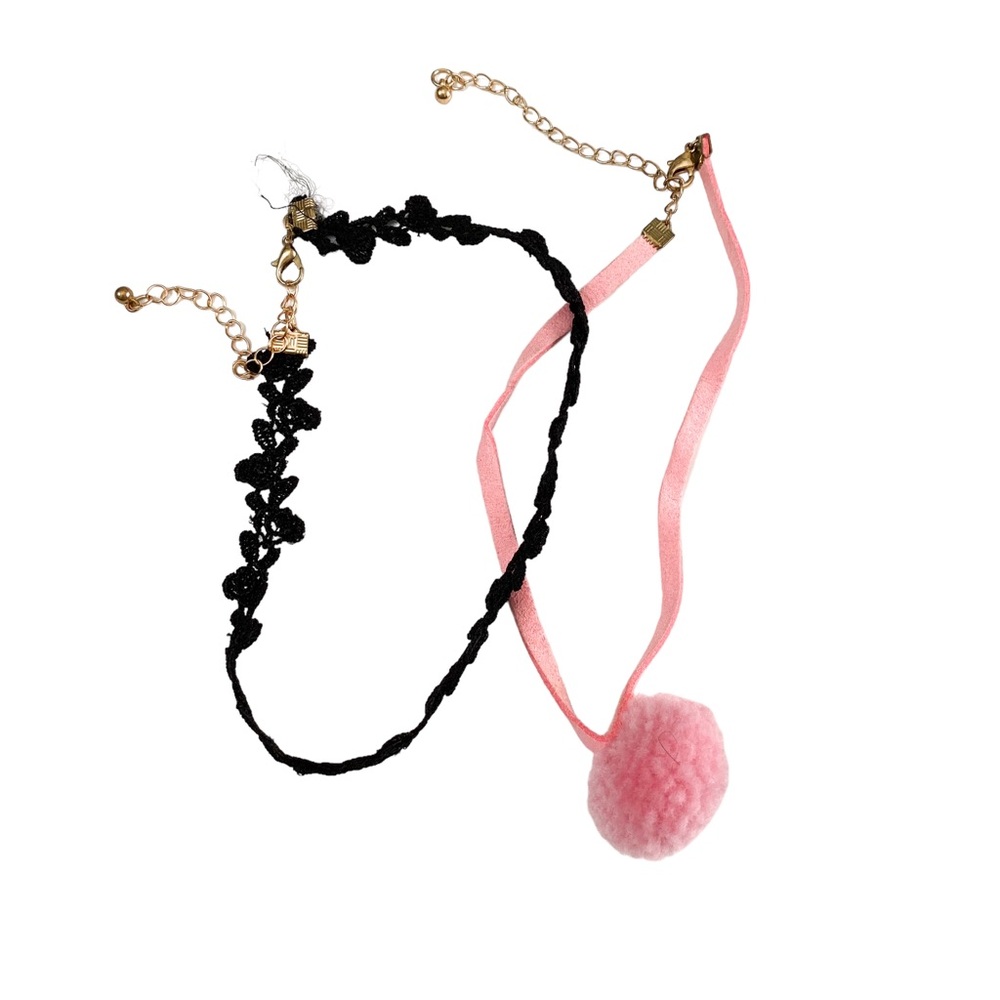 Forever 21 Pink Pom Pom Choker with Black Lace Choker Necklace Set